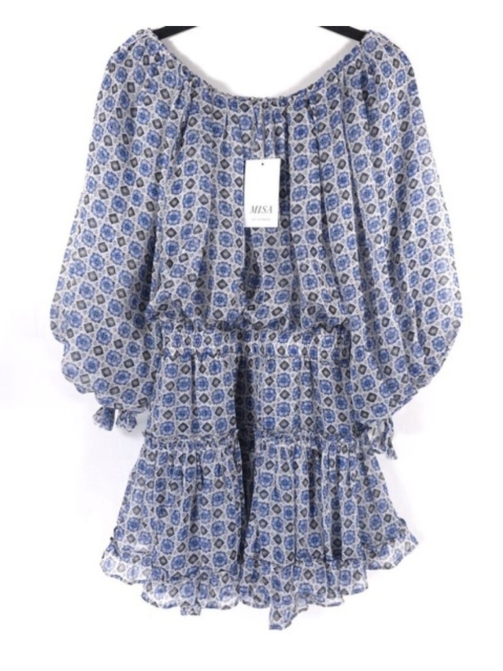 NWT MISA Los Angeles Zonia Off Shoulder Chiffon Mini Dress Blue Small - Picture 7 of 7